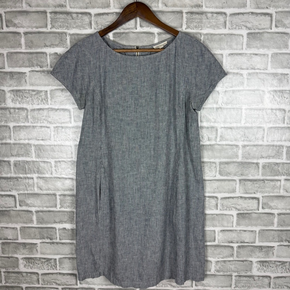 Eileen Fisher Womens XS Blue Pinstripe Hemp Cotton Shift Dress with Pockets